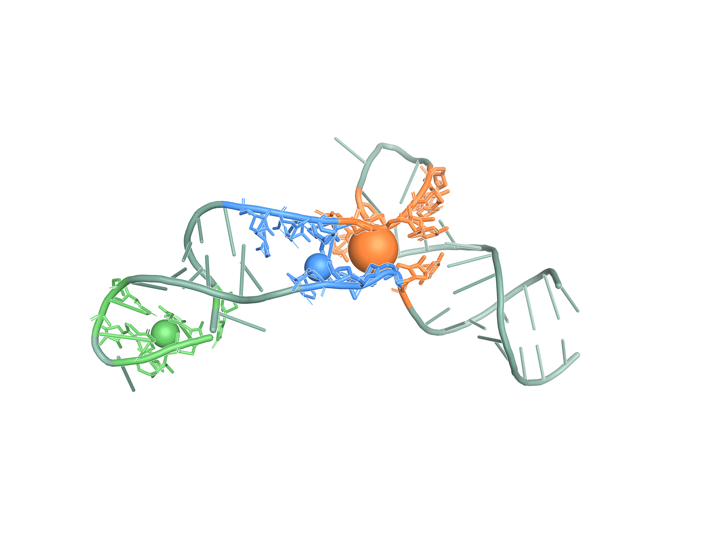 FMN riboswitch predicted structure with top-3 candidate pockets highlighted