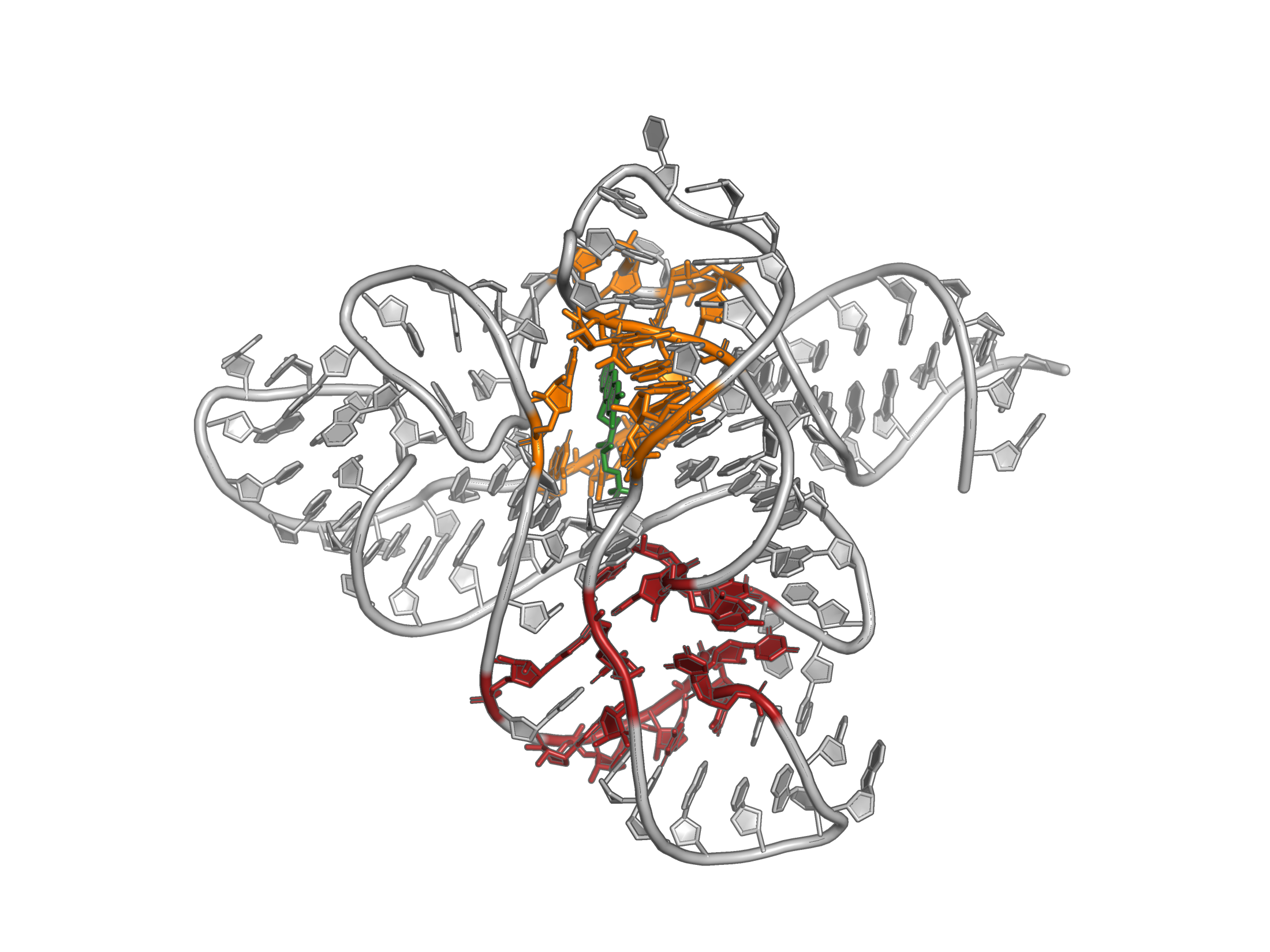 True FMN drug site (orange) versus the high-druggability decoy cavity (red), on opposite faces of the apo riboswitch.
